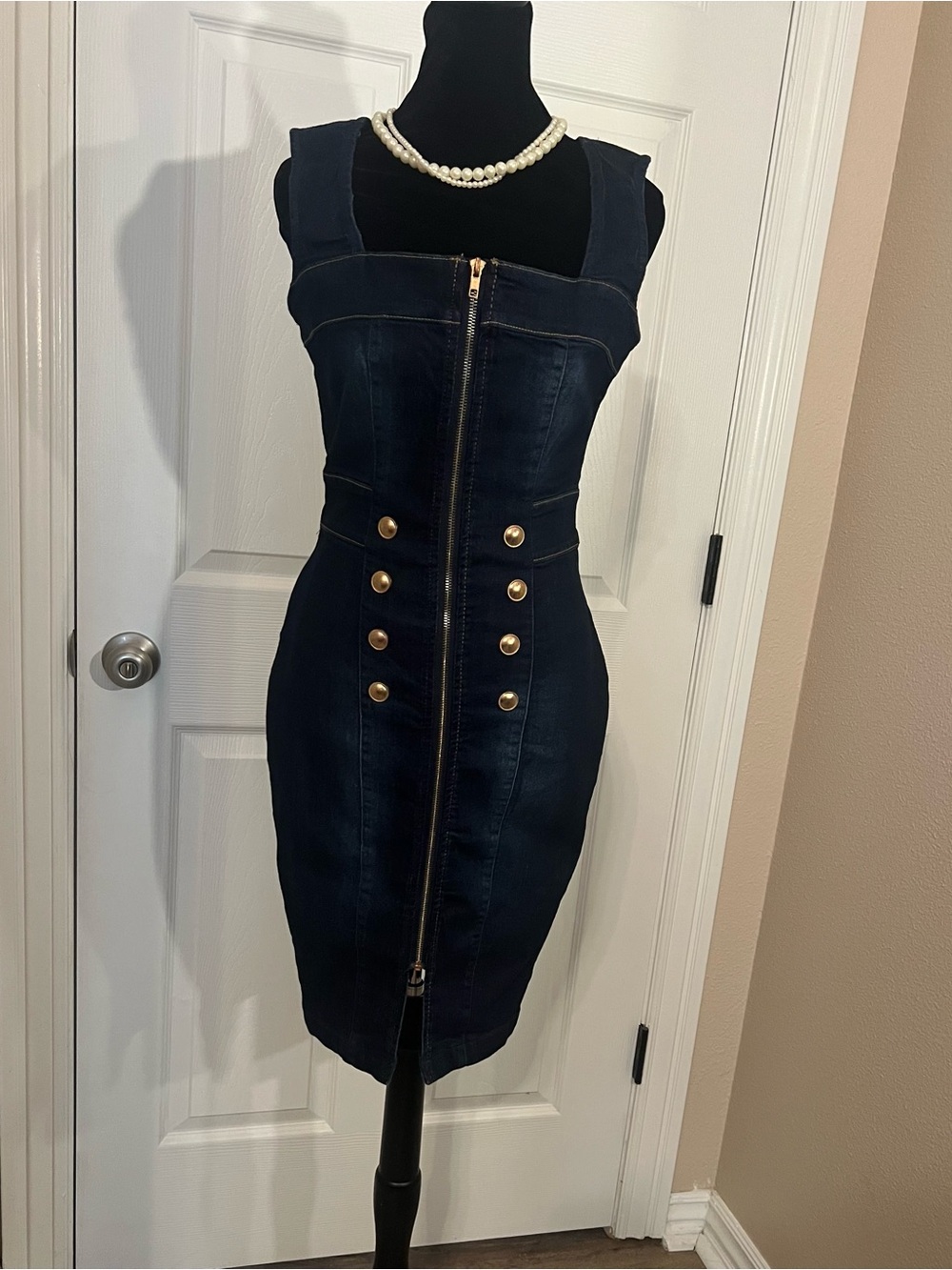 VENUS Dark Navy Denim Zip-Front Midi Dress with Gold Buttons